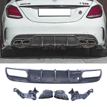 DIFUSOR TRASERO FIBRA DE CARBONO Y COLAS DE ESCAPE MERCEDES BENZ C63S AMG.